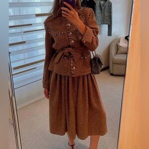 Runway Handmade Brown Tweed Skirt Suit with elaborate Accents - Two-Piece Set
